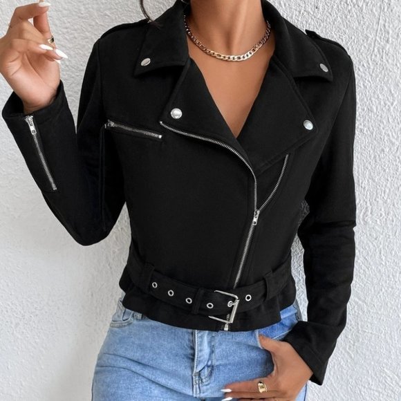 zip up crop moto jacket biker black - Picture 6 of 6
